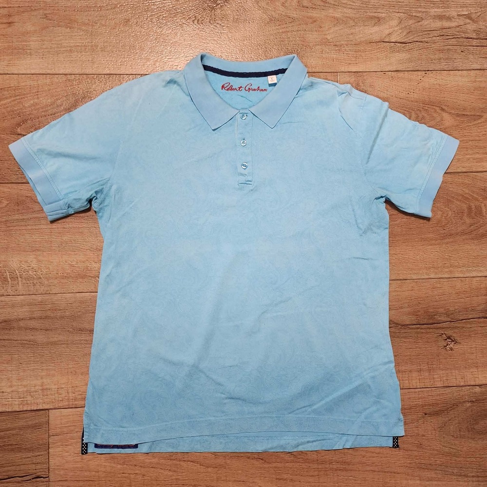 Robert Graham Mens L‎ Blue Paisley Jacquard Short Sleeve Polo Shirt Classic Fit
